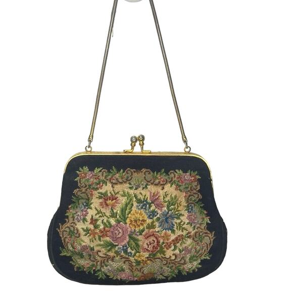 Vintage Tapestry Black Floral Needlepoint Purse Clutch Chain Strap Kiss Clasp - Picture 3 of 7